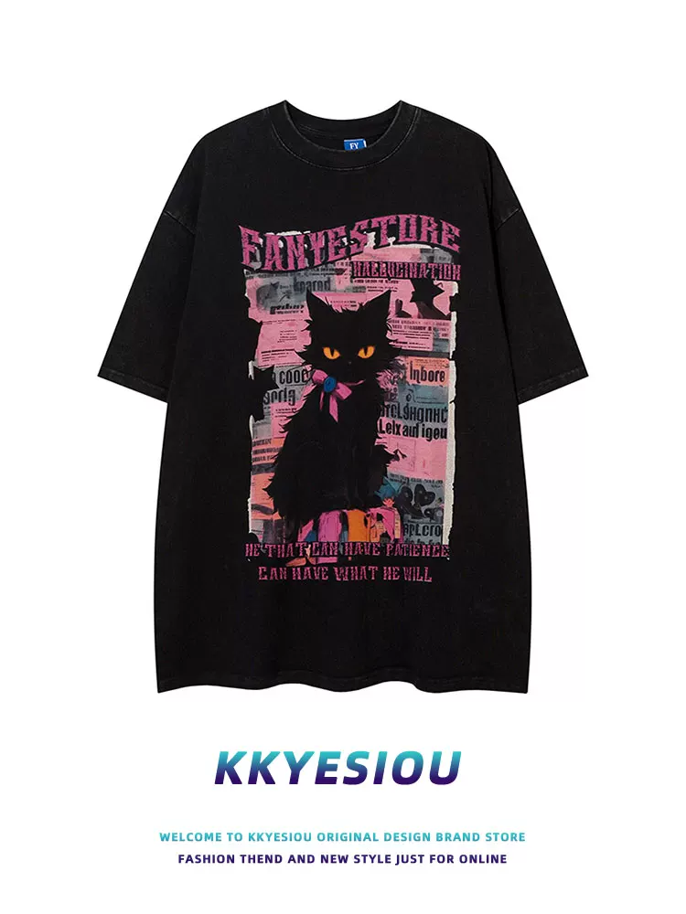 Áo thun ngắn tay thiết kế hip-hop mèo đen cổ điển của Mỹ KKyesiou dành cho nam và nữ áo oversize cặp đôi