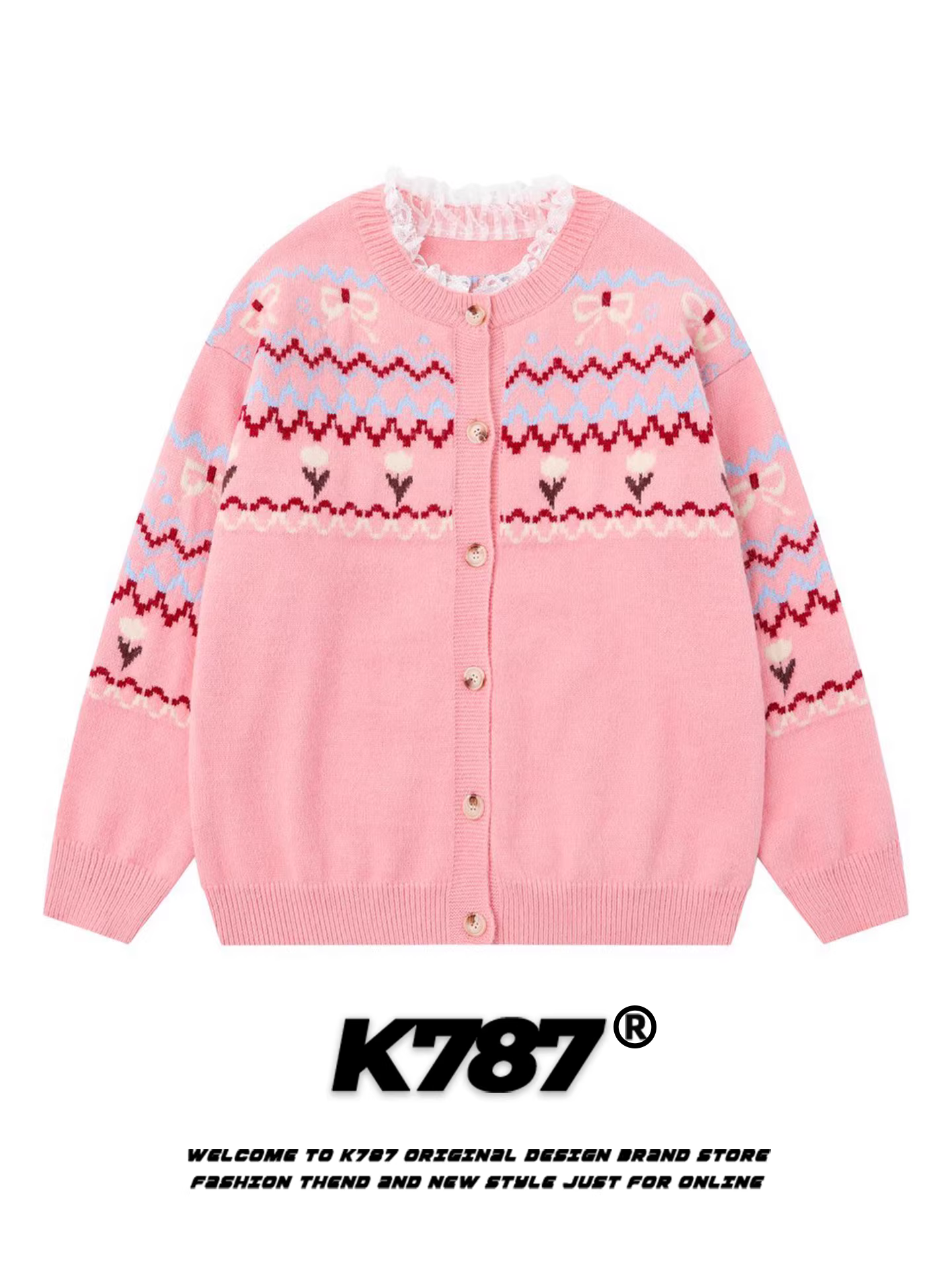 Áo len cardigan jacquard kiểu Mỹ cổ điển K787 dành cho nam và nữ, phối ren rộng rãi, kiểu dáng giản dị màu hồng