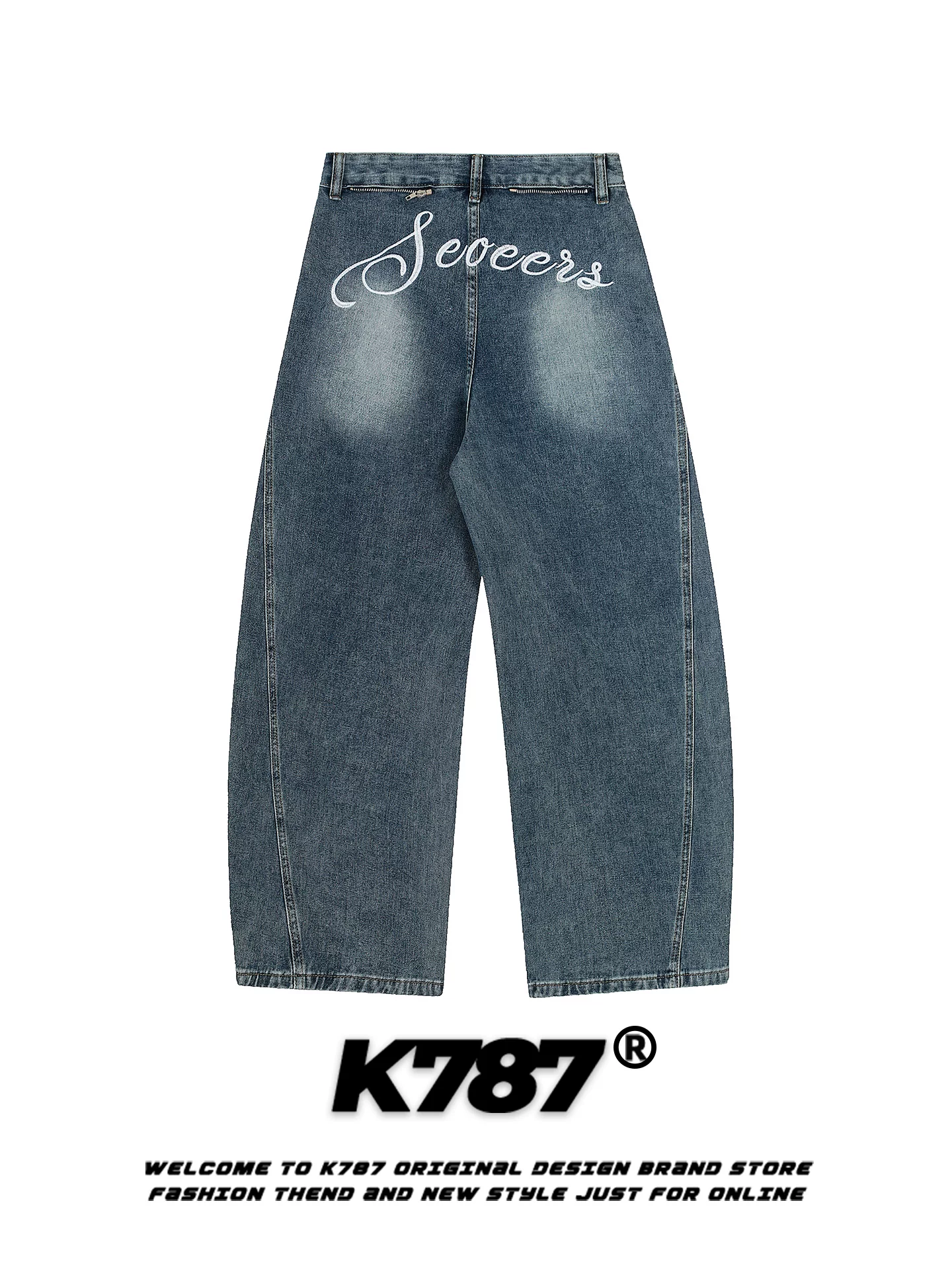 Quần jeans unisex K787 kiểu Mỹ cổ điển thêu chữ, phối vải caro, phối vải vá, cạp cao, ống rộng, đã qua xử lý làm mềm