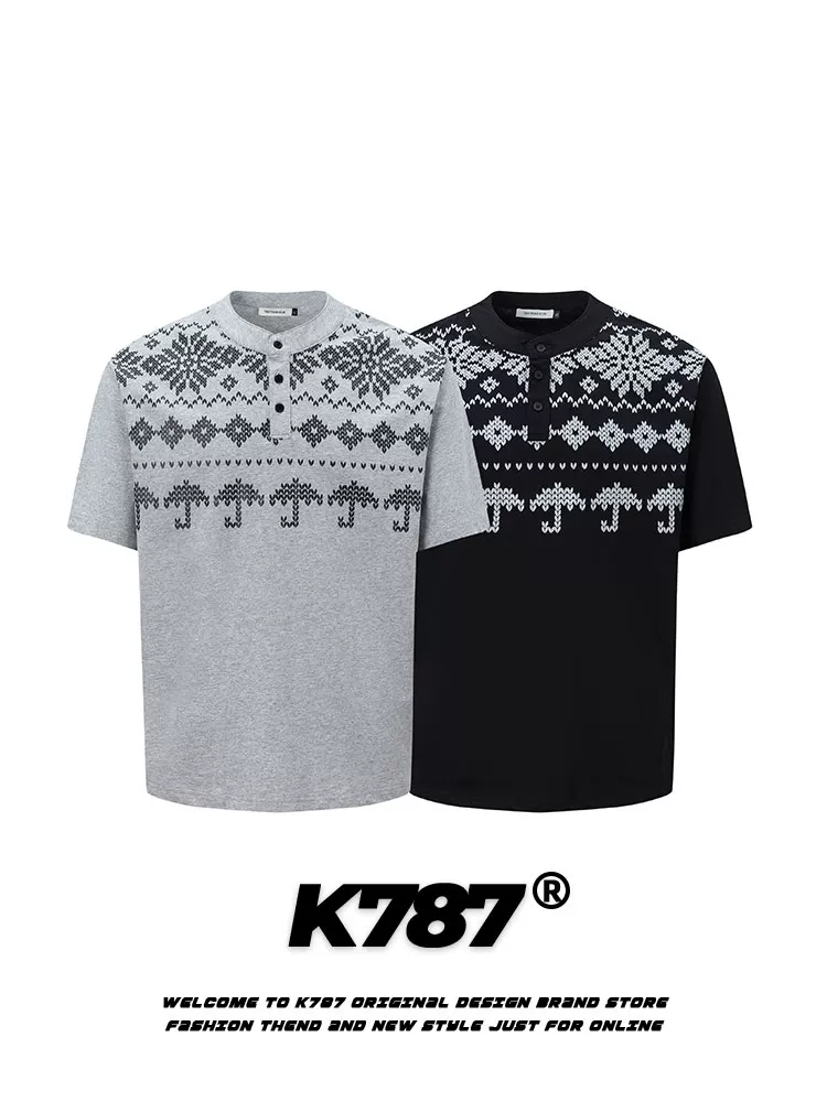 K787 Áo thun ngắn tay cổ Henry cổ điển kiểu Mỹ Fair Isle dành cho nam và nữ cleanfit dáng rộng giản dị nửa tay áo