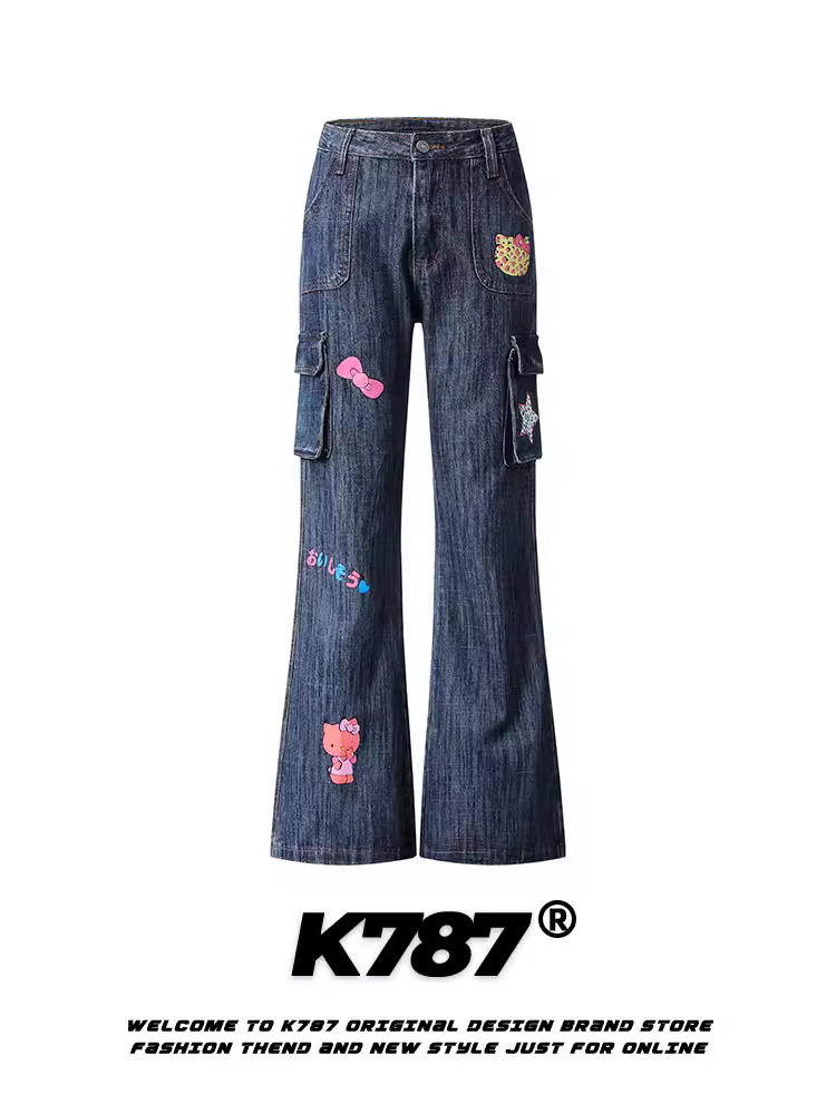 Quần jeans nữ K787 kiểu Mỹ cổ điển Hello Kitty, cạp cao, nhiều túi, cạp cao, đã qua xử lý làm mềm, đa năng, dáng rộng, ống loe