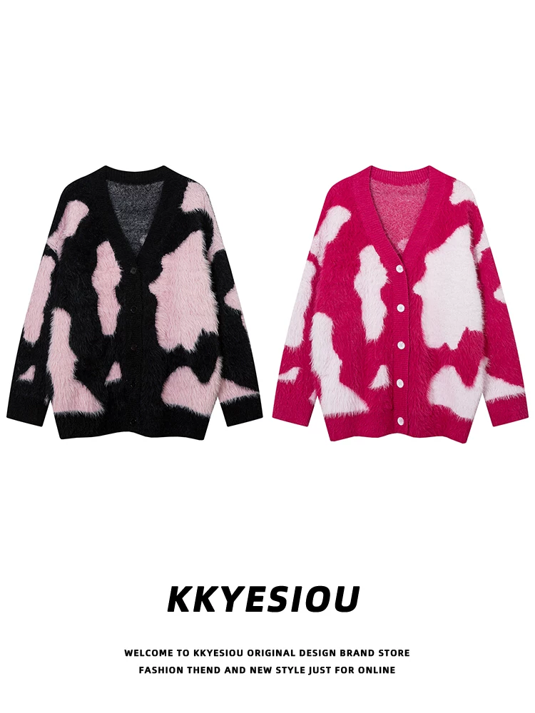 Áo khoác cardigan len giả mohair phong cách retro Mỹ, phối màu đen hồng, kiểu dáng lười, unisex, phong cách sinh viên, mã K787