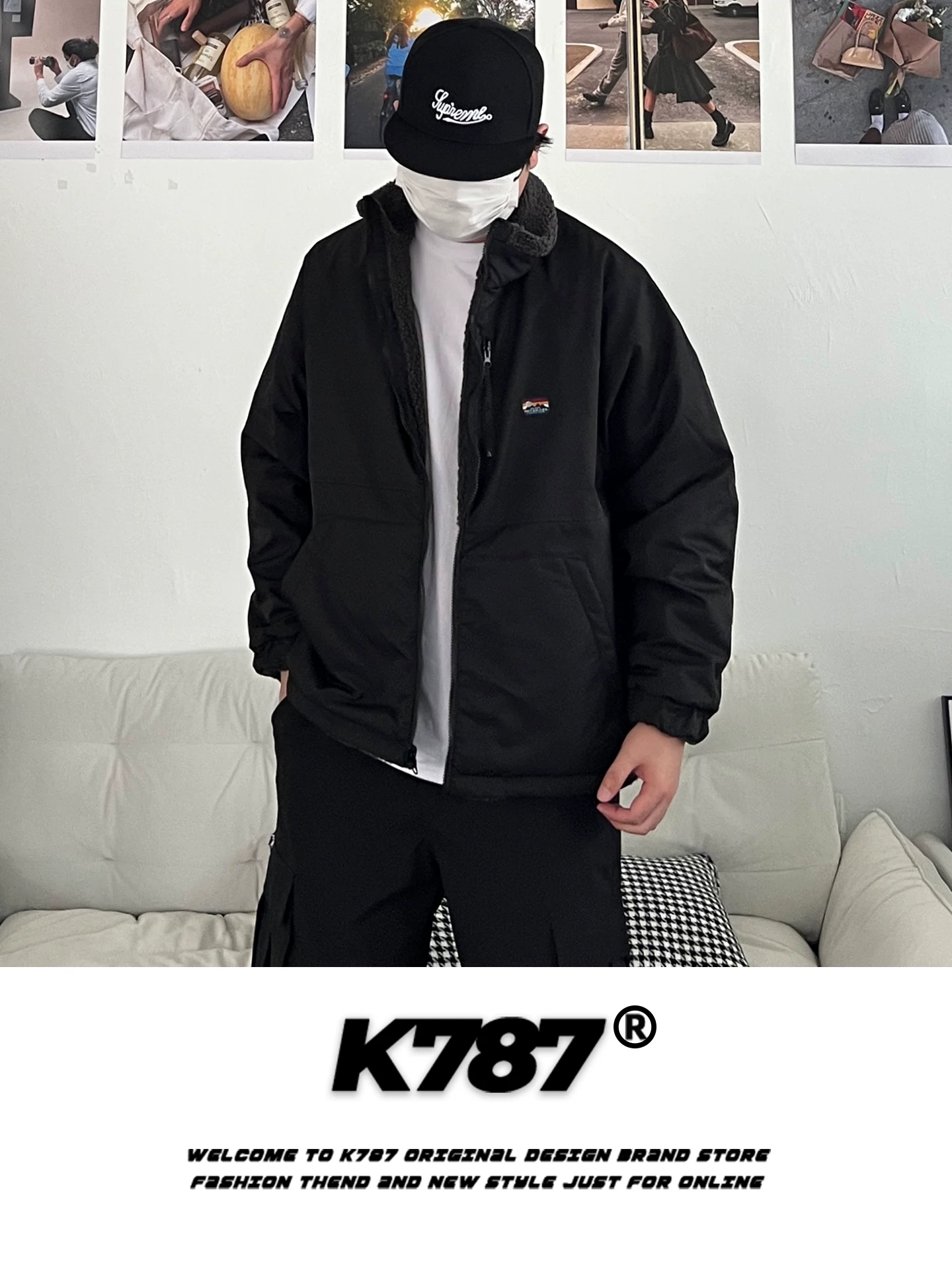 Áo khoác cotton cổ đứng phối vải len cừu kiểu Mỹ cổ điển K787 dành cho nam và nữ, dáng rộng, lót lông cừu, áo khoác cotton ấm áp dành cho cặp đôi.