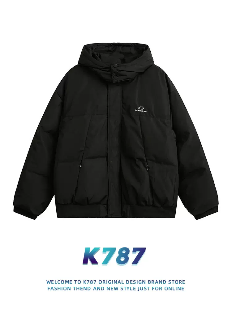 Áo khoác cotton dày dặn cổ đứng có mũ trùm đầu kiểu Mỹ cổ điển K787 mùa đông 2024 dành cho nam và nữ, áo khoác cotton cặp màu trơn theo xu hướng quốc gia.