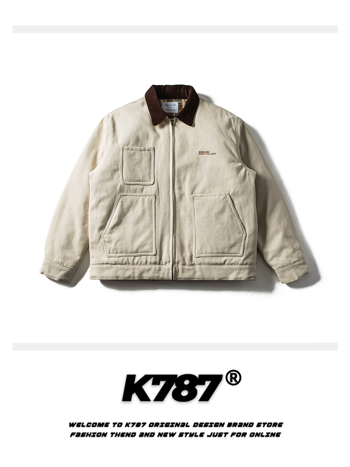 Áo khoác cotton unisex kiểu dáng cổ điển Mỹ K787, phối họa tiết thêu chữ, kẻ caro, phối vải, có cổ, ấm áp, kiểu dáng thời trang, thương hiệu nổi tiếng.