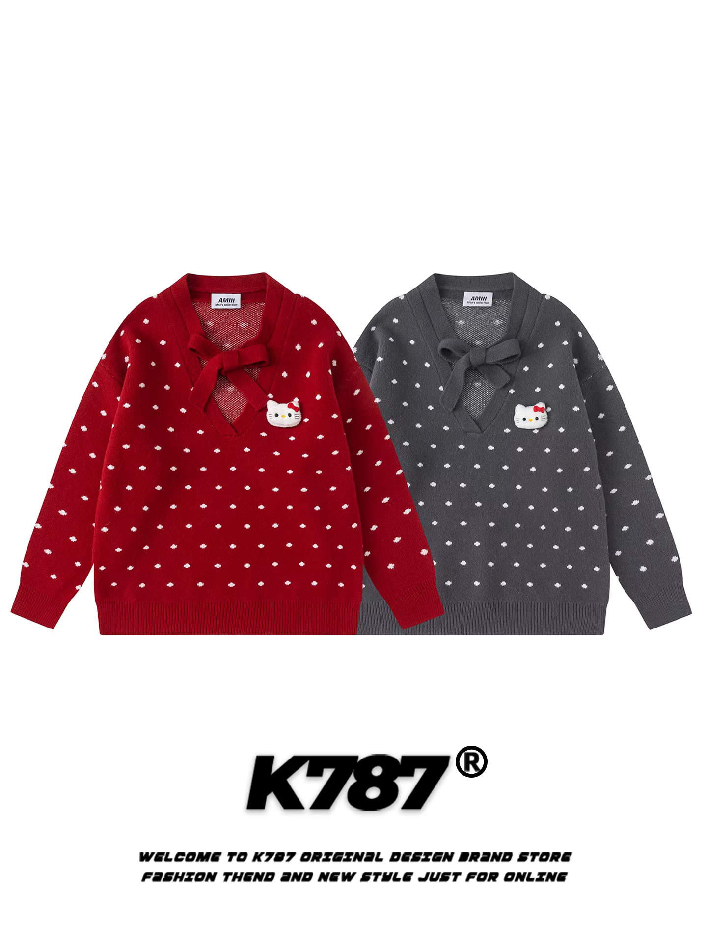 Áo len dệt kim chấm bi 3D kiểu Nhật PBB dành cho nữ, cổ chữ V, phối dây đỏ, phong cách preppy, dáng rộng