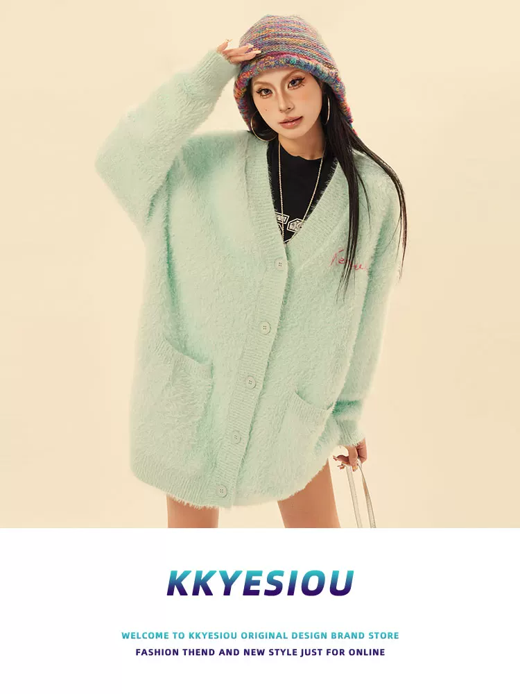 Áo cardigan dệt kim cổ chữ V phong cách đường phố Mỹ thêu lông mohair KKyesiou dành cho nam và nữ, áo khoác len cặp đôi phong cách lười biếng