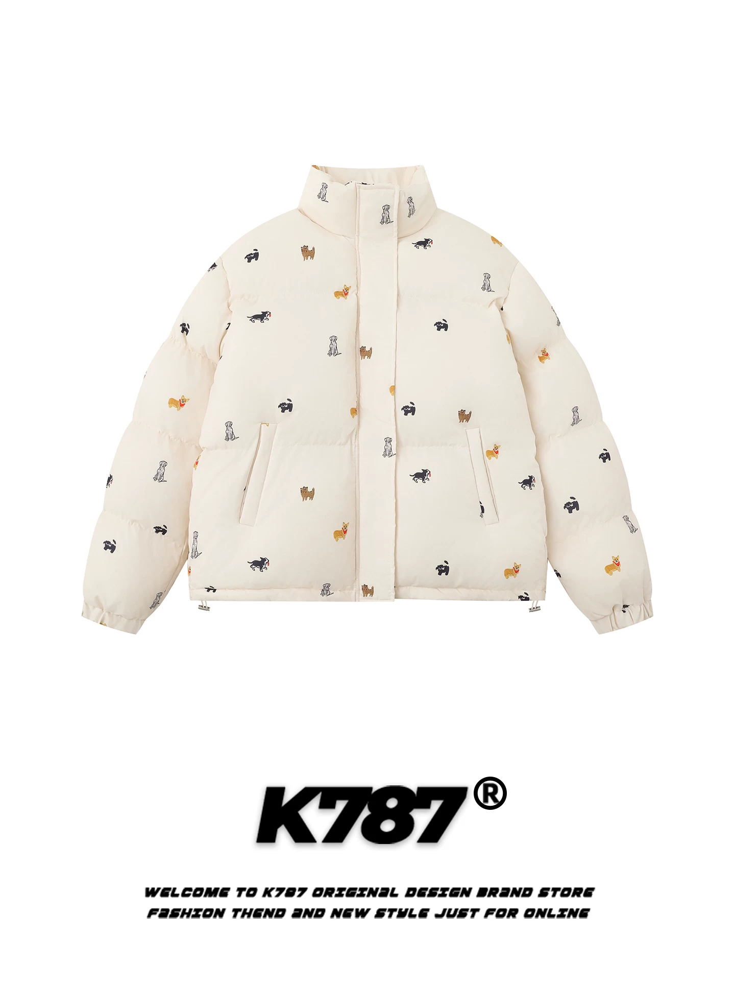 Áo khoác cotton cổ đứng in họa tiết chó cổ điển Mỹ K787 dành cho nam và nữ, áo khoác cotton dày giữ ấm mùa đông phong cách đường phố.