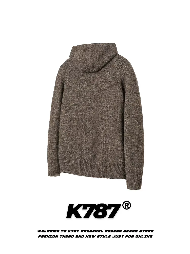 Áo len cardigan có mũ trùm đầu kiểu Mỹ cổ điển đơn giản K787 dành cho nam và nữ, kiểu dáng rộng rãi và thoải mái, áo khoác dệt kim đa năng và giản dị