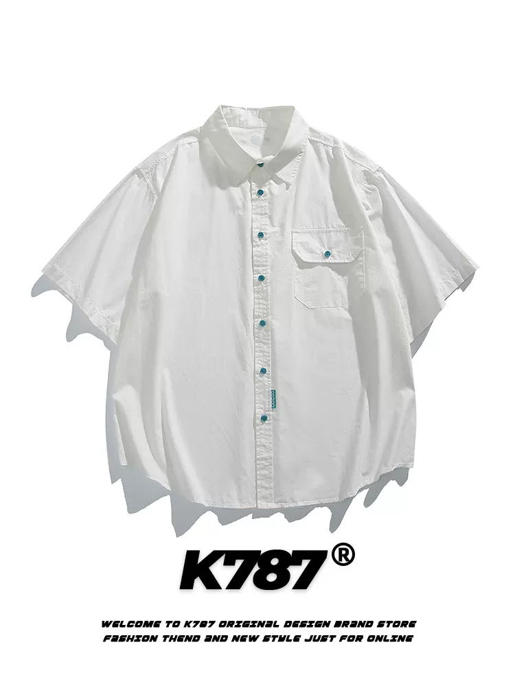 K787 Áo sơ mi ngắn tay đa năng phong cách đại học cổ điển của Mỹ dành cho nam và nữ Áo cardigan nửa tay màu trơn cổ điển dành cho mùa hè