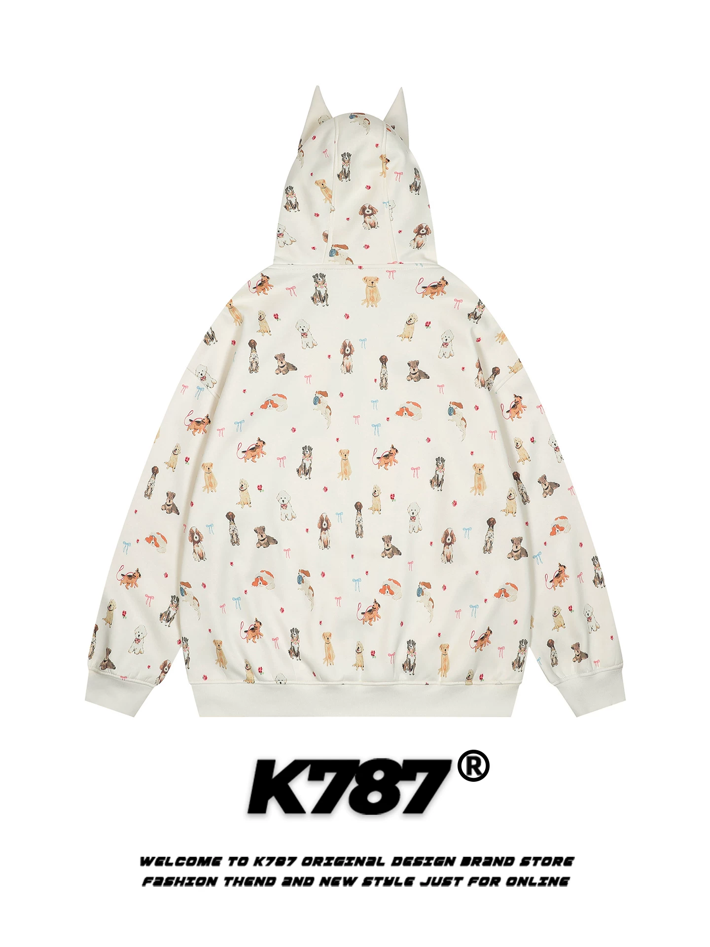 Bộ đồ nữ hai mảnh áo hoodie cardigan in hình chó vui nhộn phong cách retro Mỹ K787, quần ống rộng dáng thẳng