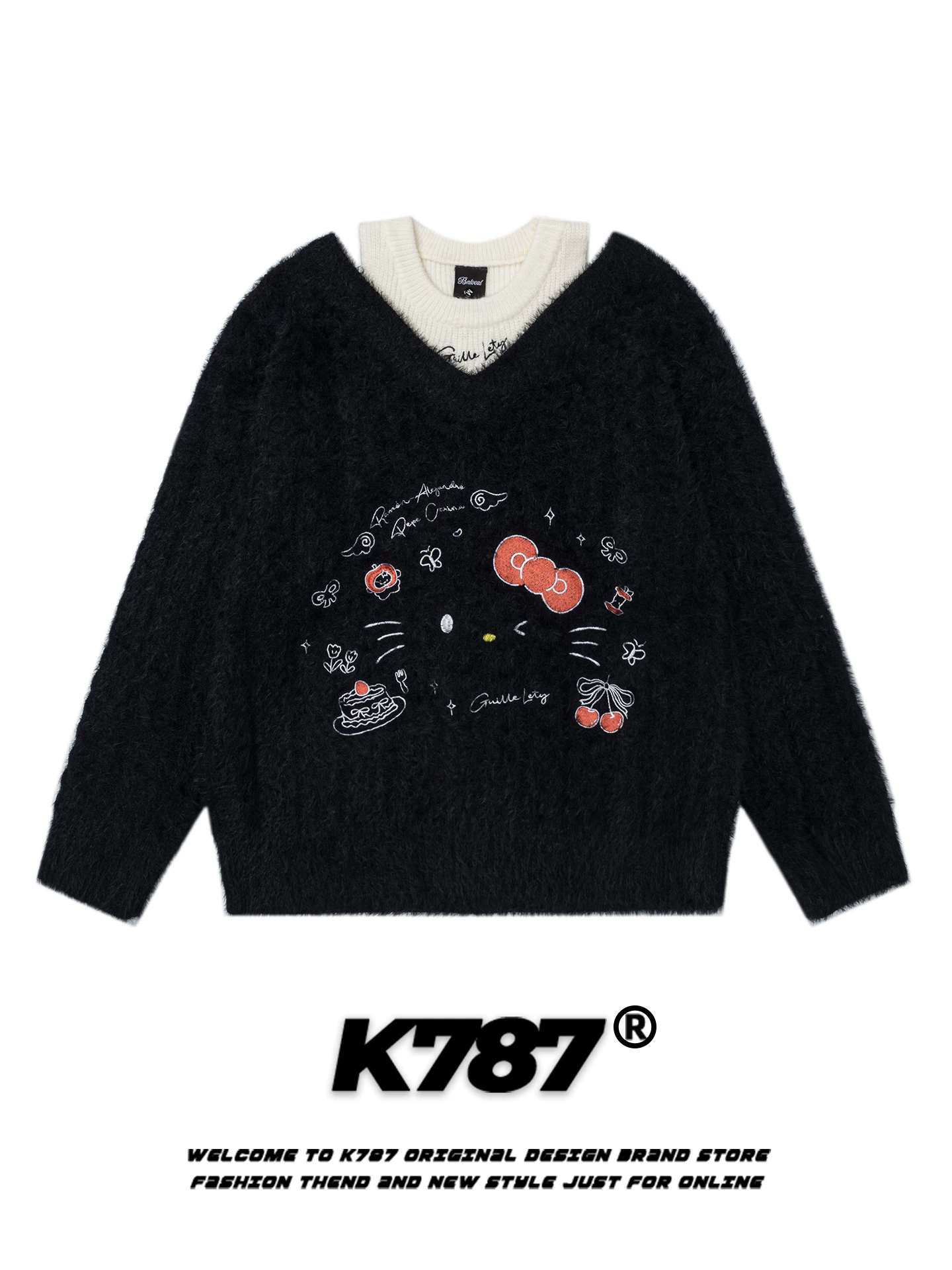 K787 Áo len vest hai mảnh giả Hello Kitty kiểu Mỹ dành cho nữ, dáng rộng, mềm mại và trẻ trung, áo len màu hồng giản dị