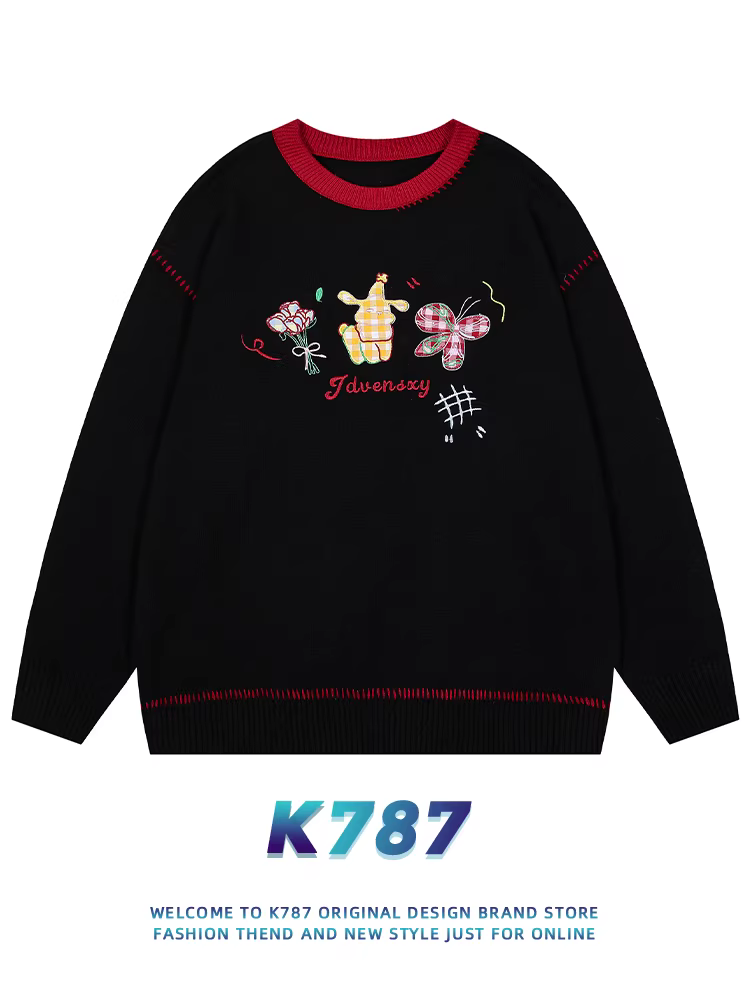 K787 Áo len thêu phong cách retro đại học kiểu Mỹ dành cho nam và nữ, áo len đôi phối màu phong cách Nhật Bản