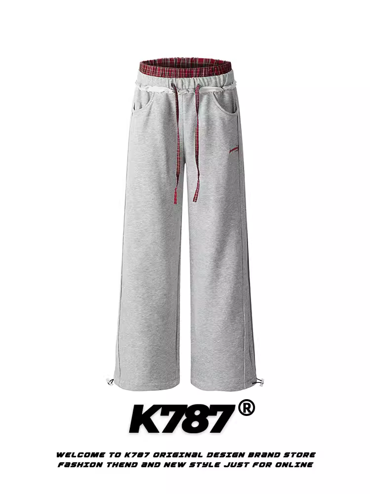 Quần thể thao kiểu Mỹ cổ điển K787 phối họa tiết caro, dành cho nam và nữ, kiểu dáng phối vải cũ, phong cách đường phố, khiêu vũ thể thao, đi làm, quần ống thẳng