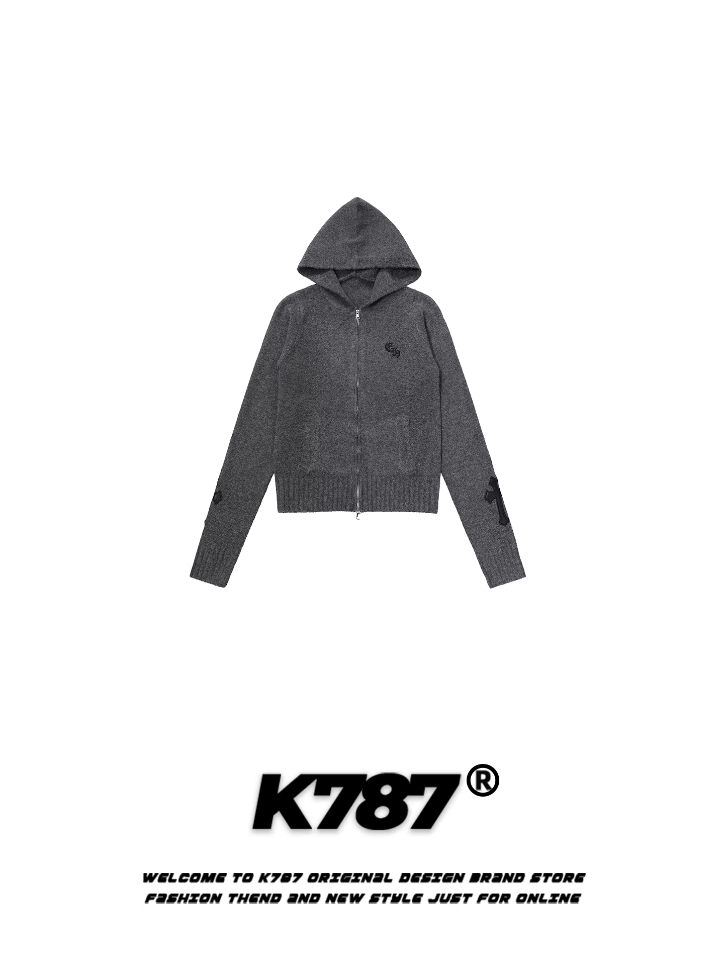 Áo len dệt kim có mũ trùm đầu phong cách retro Mỹ PBB dành cho nam và nữ, áo khoác len có khóa kéo ngắn đa năng màu trơn mùa thu đông