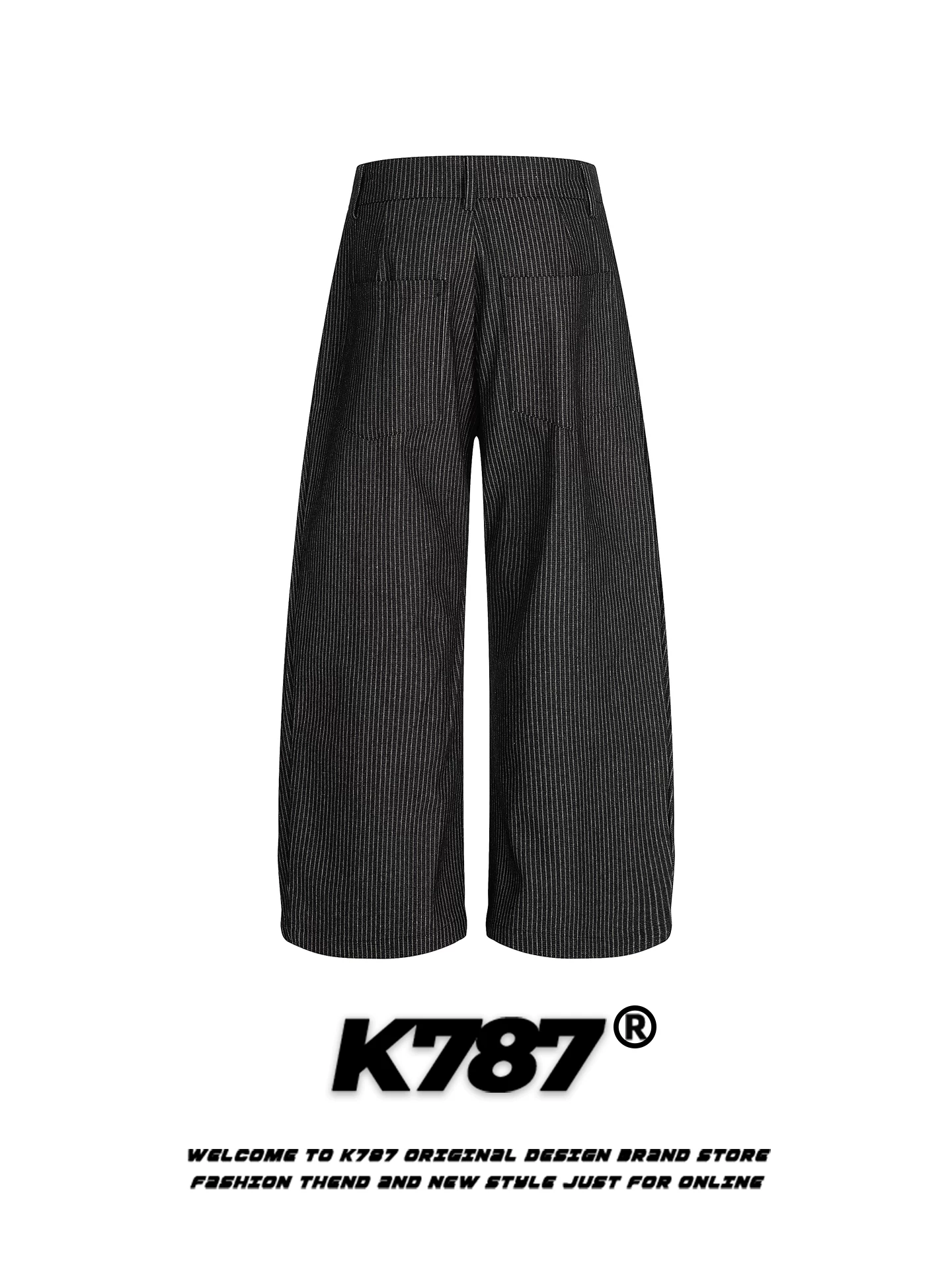 Quần K787 kiểu Mỹ cổ điển, kẻ sọc, xếp ly, dáng xẻ tà, unisex, rộng rãi, thoải mái, hợp thời trang, cạp cao, ống rộng, dài chạm sàn