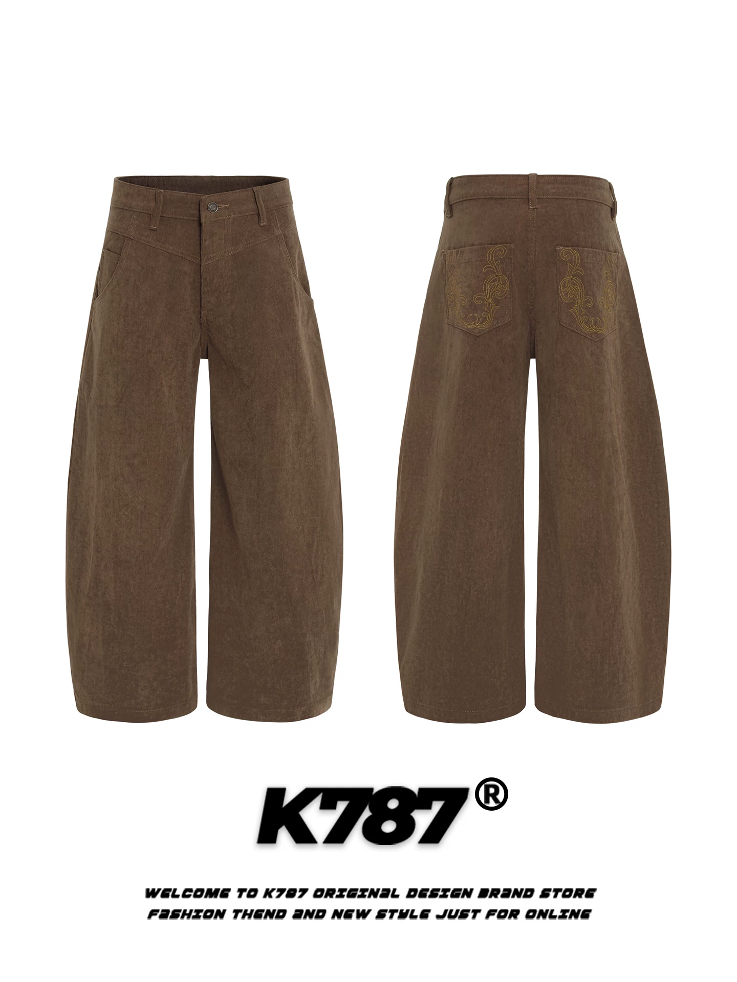 Quần âu kiểu Mỹ cổ điển K787 chất liệu corduroy, dành cho nam và nữ, dáng rộng, thời trang, cạp cao, tôn dáng, ống rộng kiểu scimitar