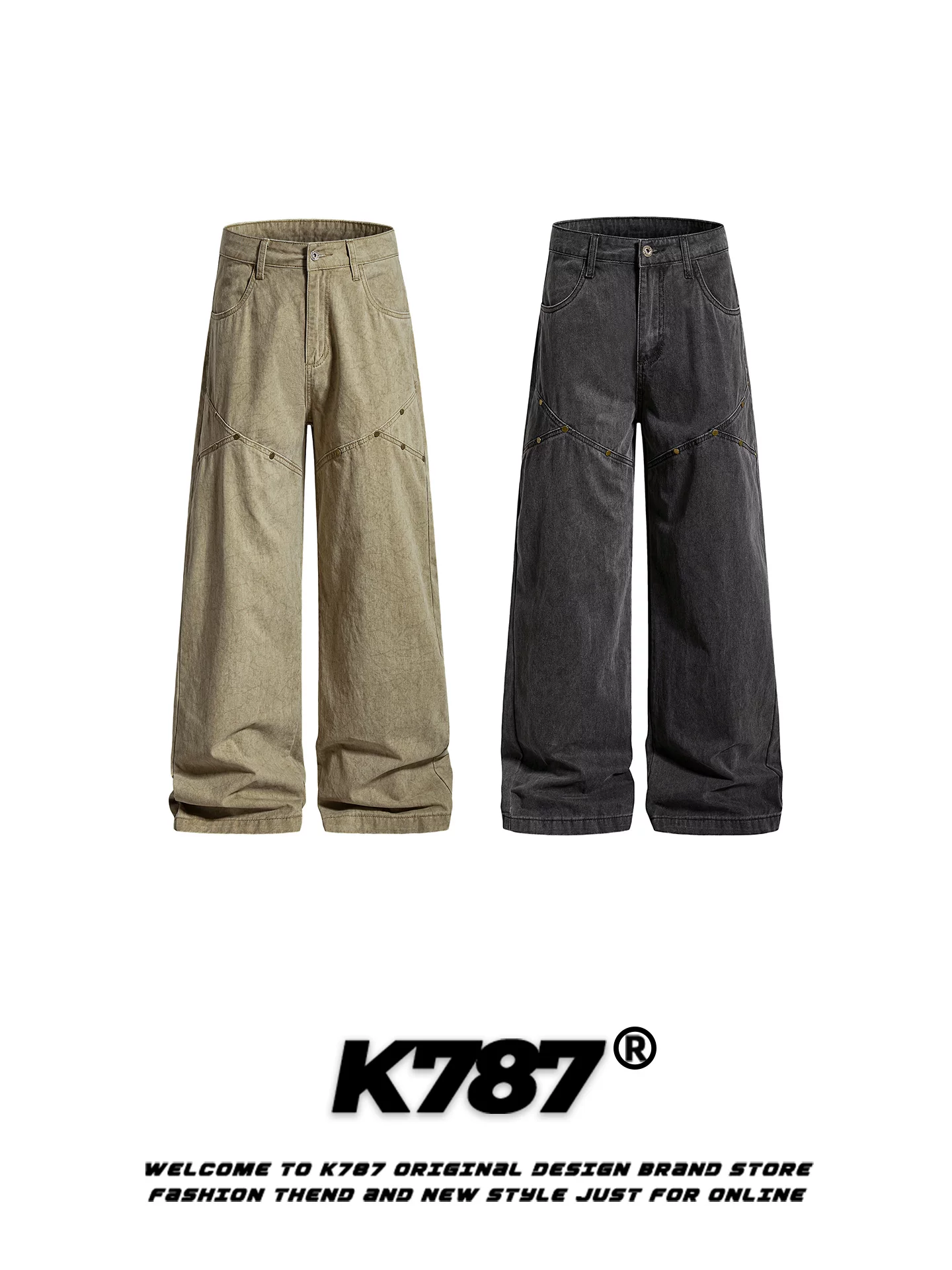 Quần cargo unisex dáng rộng, màu phối, kiểu dáng retro Mỹ, chất liệu rivet, thiết kế deconstructed, dài chấm đất, dáng thẳng, tôn dáng, phong cách casual.
