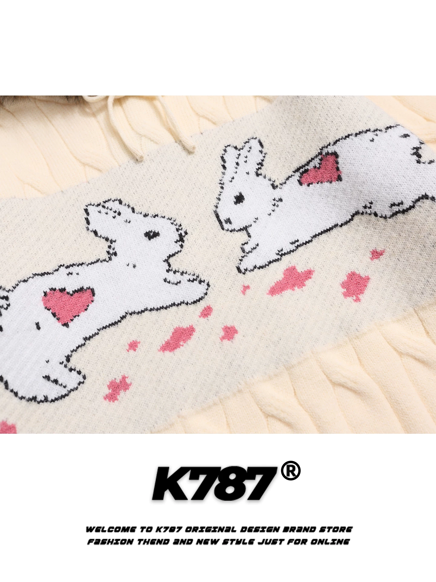 K787 Áo len có mũ trùm đầu cổ lông cổ điển kiểu Mỹ có tai thỏ dễ thương dành cho nữ, mềm mại và trẻ trung, phong cách giản dị và lười biếng