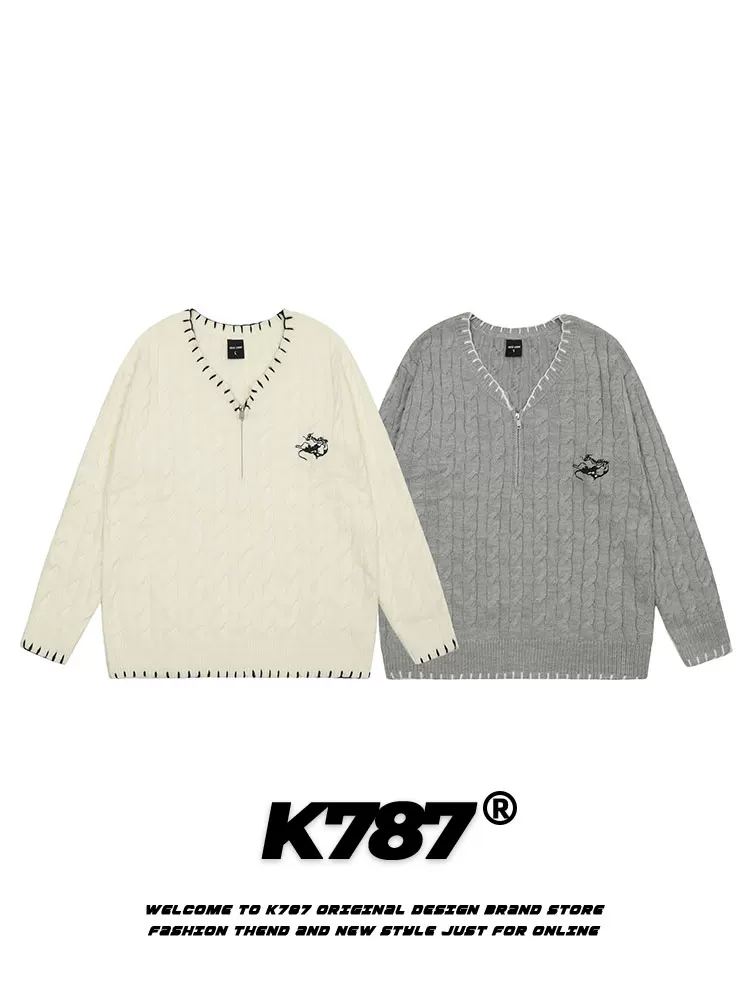 K787 Áo len dệt kim cổ chữ V phong cách retro kiểu Mỹ dành cho nam và nữ, áo len cặp đôi kiểu dáng vui nhộn, nhẹ nhàng, sang trọng