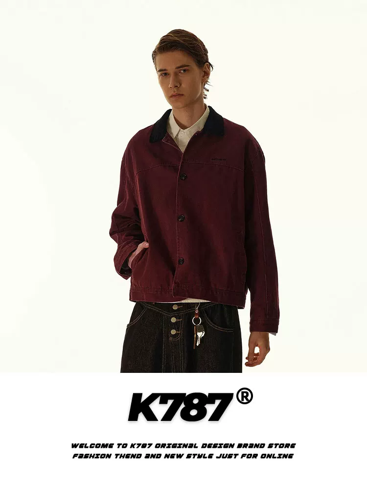 Áo khoác ngắn kiểu dáng unisex K787 phong cách Mỹ cổ điển, phối màu, cổ trụ, thương hiệu thời thượng, phong cách cleanfit, kiểu dáng nhà kho, áo khoác công nhân.