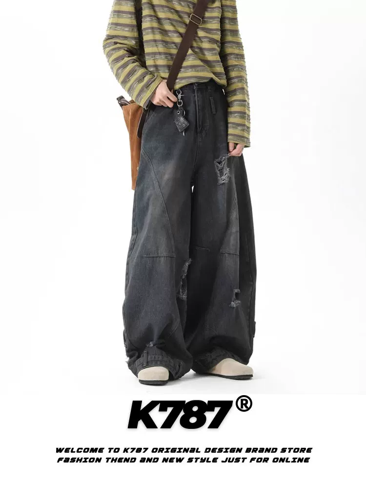 Quần jeans dáng lửng unisex phong cách retro Mỹ, thiết kế phá cách, chất liệu denim cũ, cạp cao, ống rộng, phong cách hip-hop, thường ngày.
