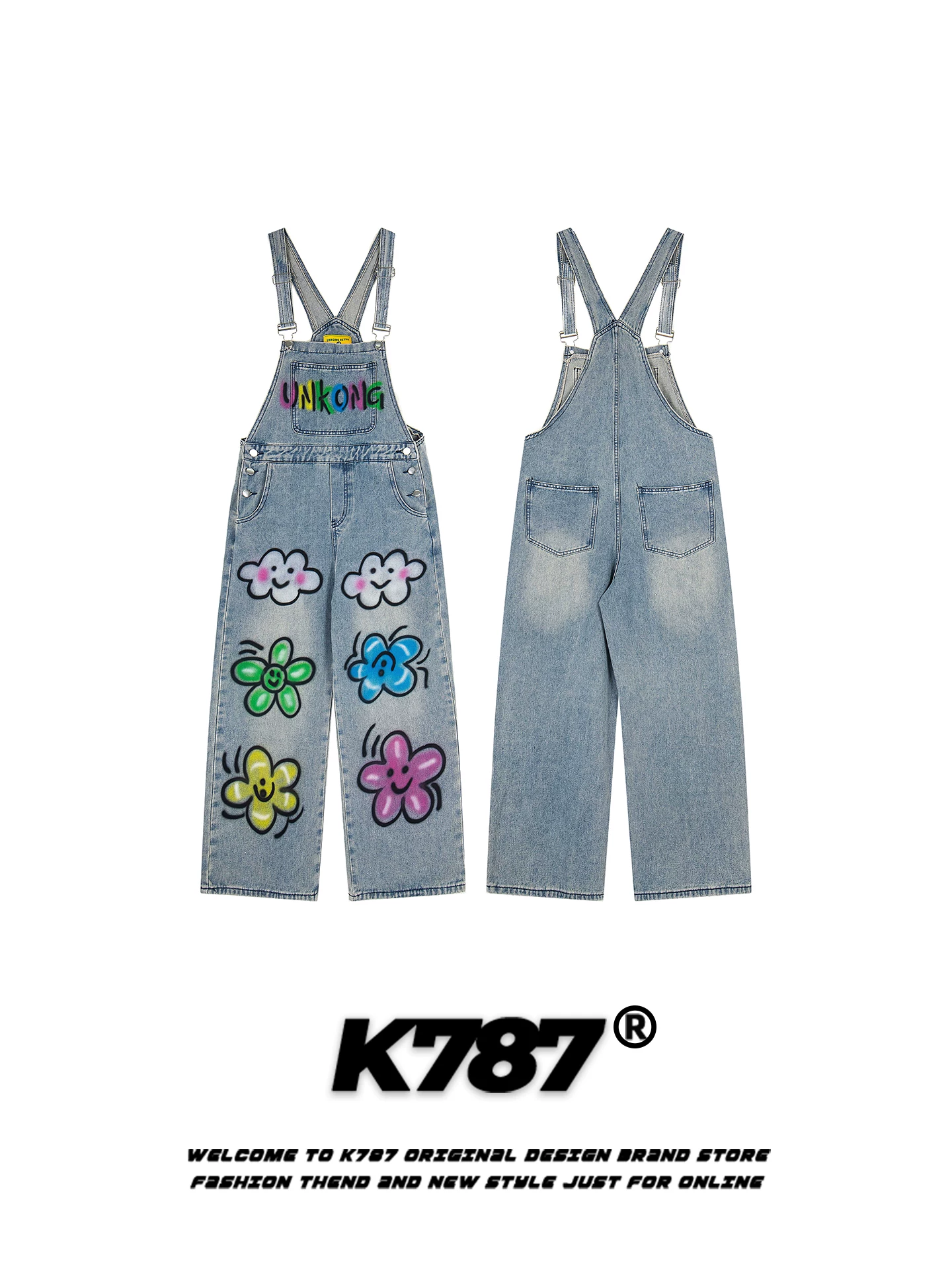 Quần yếm denim in hoa kiểu Mỹ cổ điển K787, unisex, dáng rộng, xu hướng thời trang, ống thẳng, kiểu vintage, ống rộng