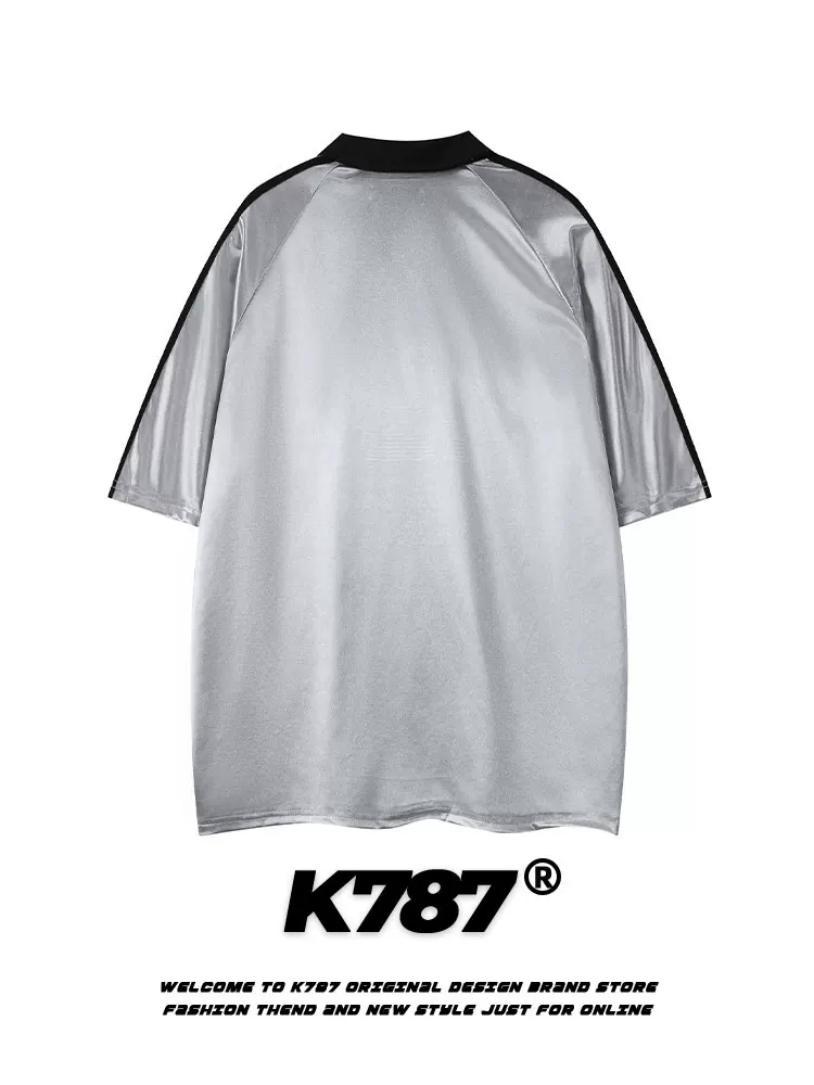 Áo polo K787 phong cách retro Mỹ, xu hướng quốc dân, phong cách blokecore, unisex, thể thao, phối dây, thêu, tay ngắn