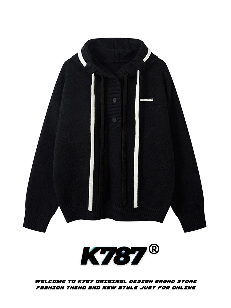 Áo hoodie len dệt kim màu đỏ phong cách retro Mỹ K787 dành cho nam và nữ với thiết kế đầy cá tính