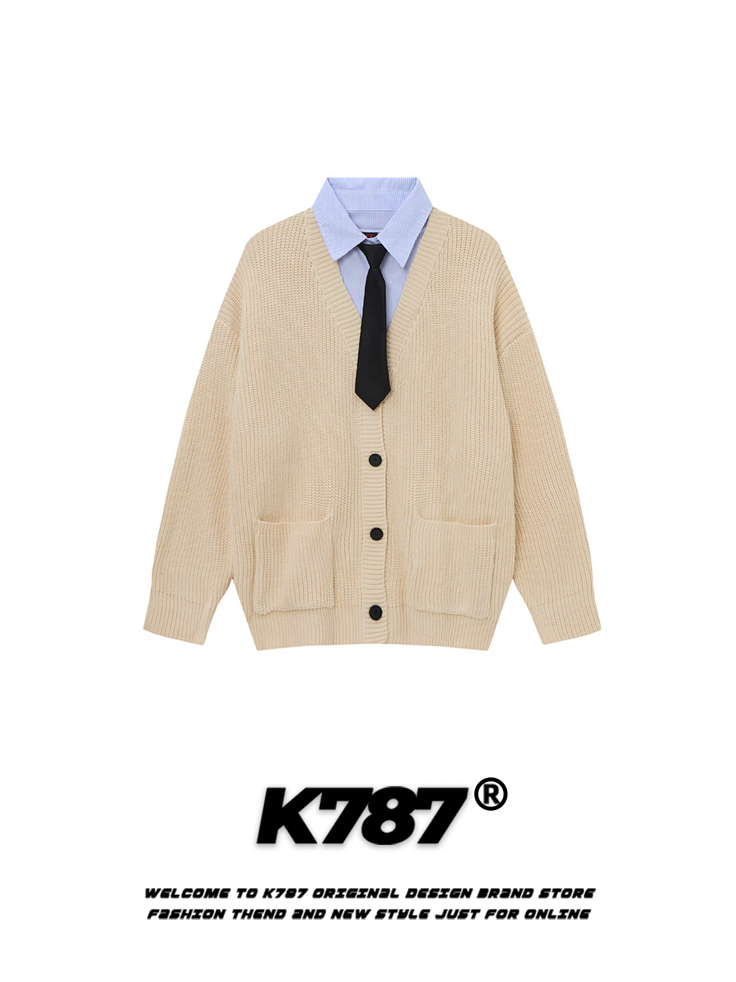 Áo len cardigan giả hai mảnh kiểu Mỹ cổ điển K787 dành cho nam và nữ, kiểu dáng rộng rãi phong cách đại học, áo khoác len cặp đôi mùa thu đông