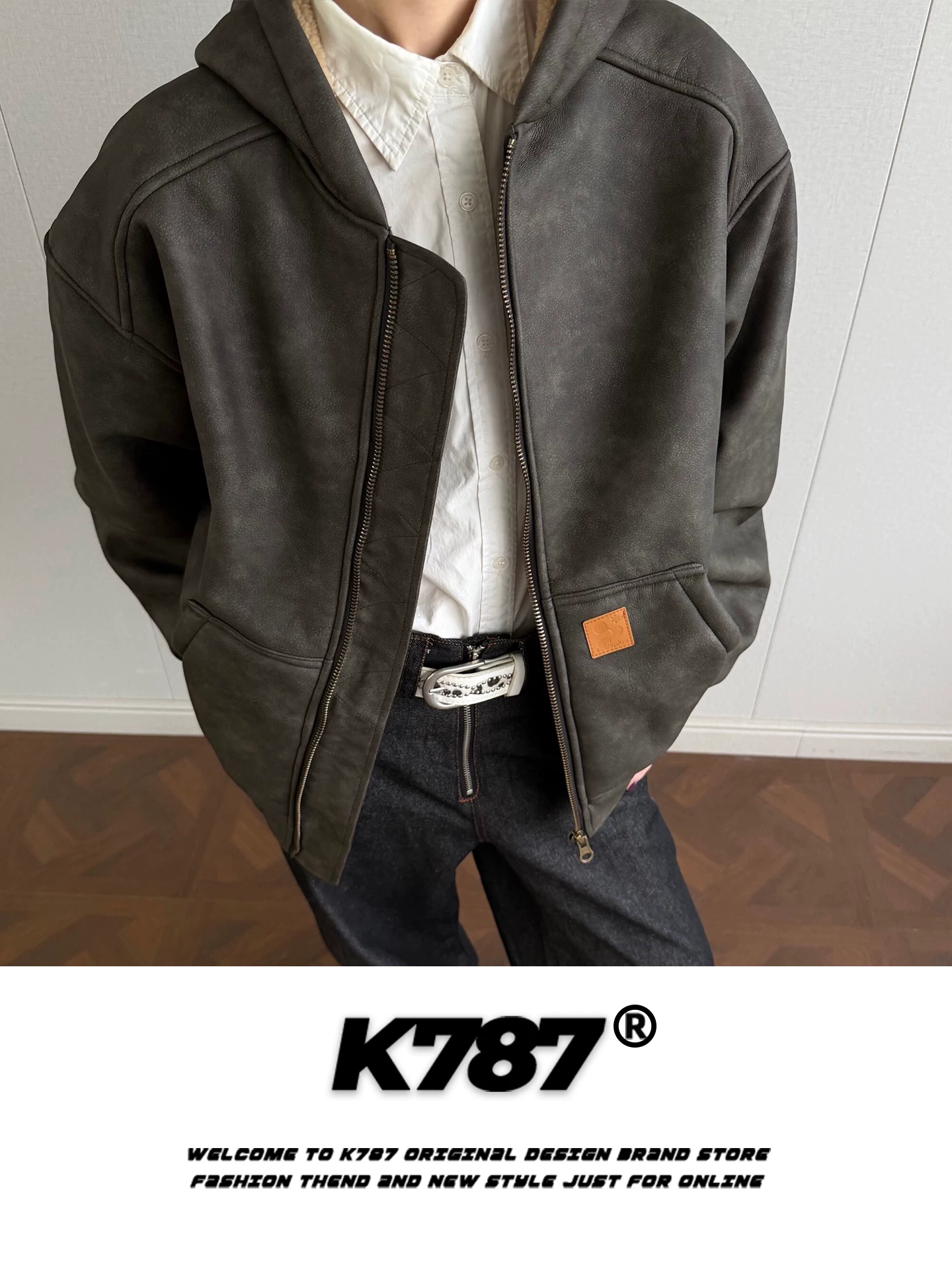 Áo khoác cotton có mũ trùm đầu bằng da PU kiểu cổ điển Mỹ K787 dành cho nam và nữ, áo khoác cotton rộng rãi, dày dặn, ấm áp dành cho cặp đôi.