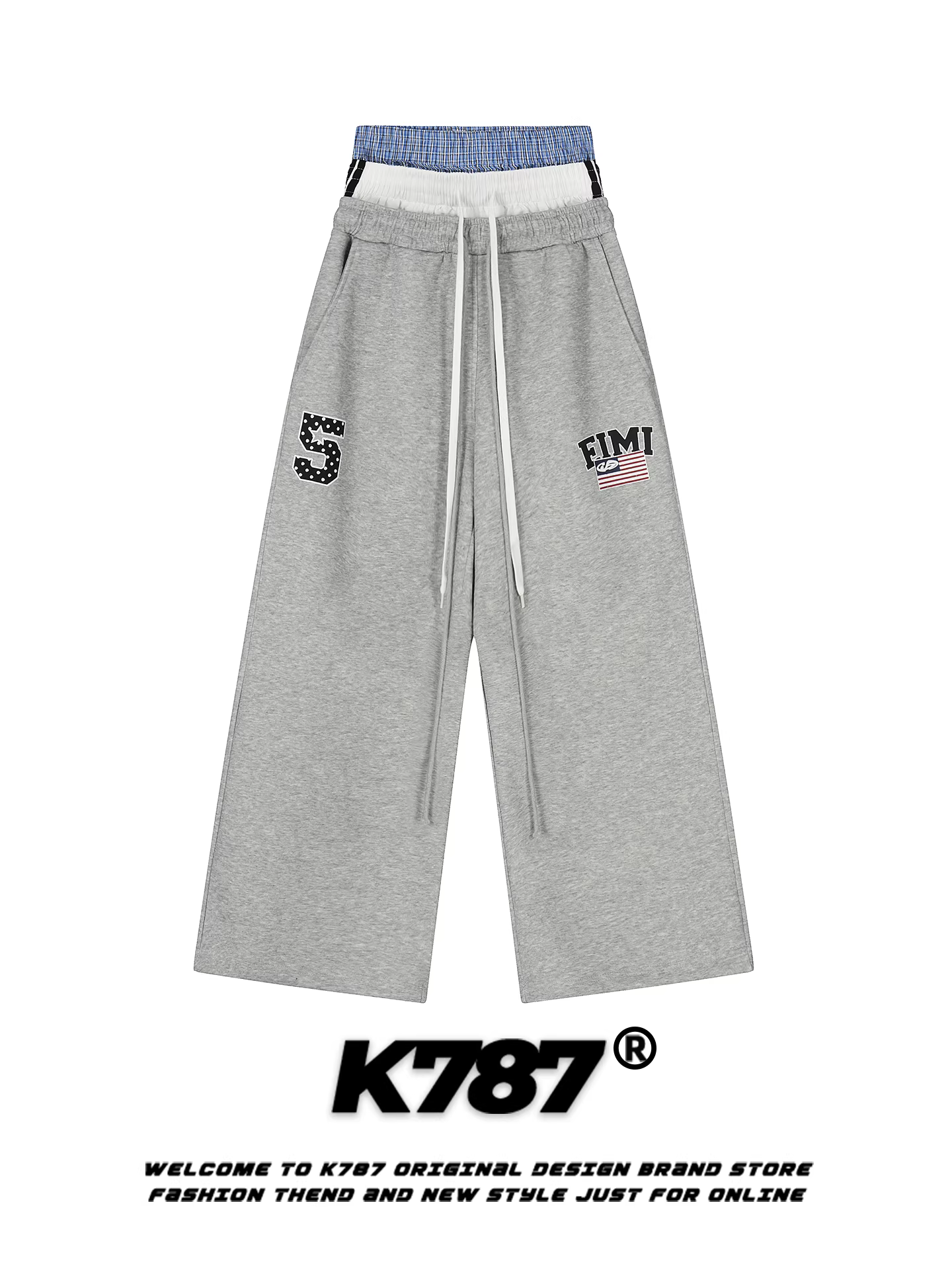K787 Quần dài giả ba mảnh phong cách đường phố Mỹ dành cho nam và nữ, quần dài dáng rộng, xu hướng quốc gia, thể thao, khiêu vũ đường phố, quần dài ống thẳng