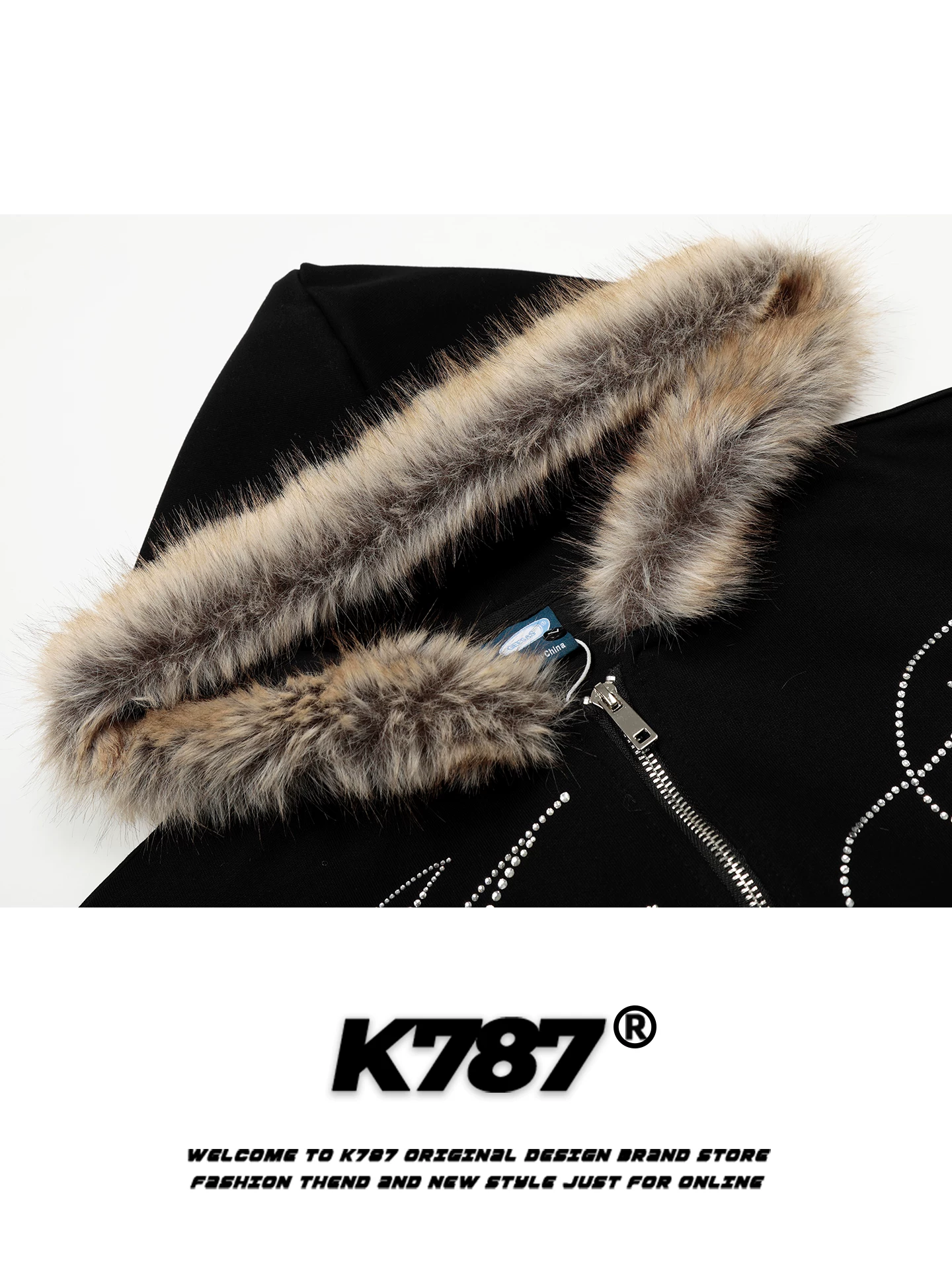 Áo khoác cardigan có mũ trùm đầu, cổ lông đính đá phong cách đường phố Mỹ K787 dành cho nữ, áo khoác ngắn có dây rút eo, kiểu dáng thường ngày cho mùa thu.
