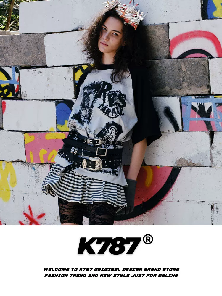 Áo thun tay raglan họa tiết graffiti phong cách retro Mỹ K787 dành cho nam và nữ, áo cặp rộng rãi phong cách hip-hop đường phố mùa hè