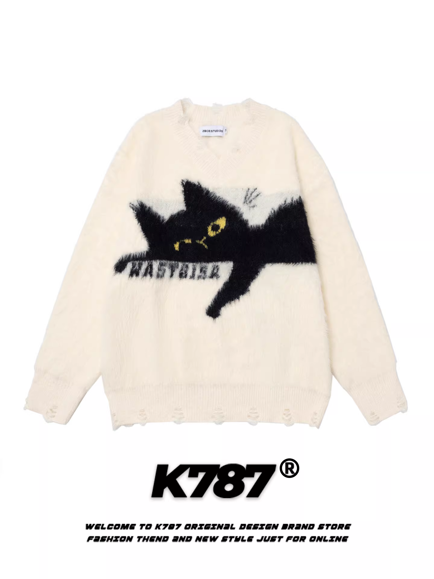 K787 Áo len cổ tròn hình mèo dễ thương theo phong cách retro Mỹ dành cho nam và nữ, áo len dáng rộng phong cách lười biếng dành cho cặp đôi