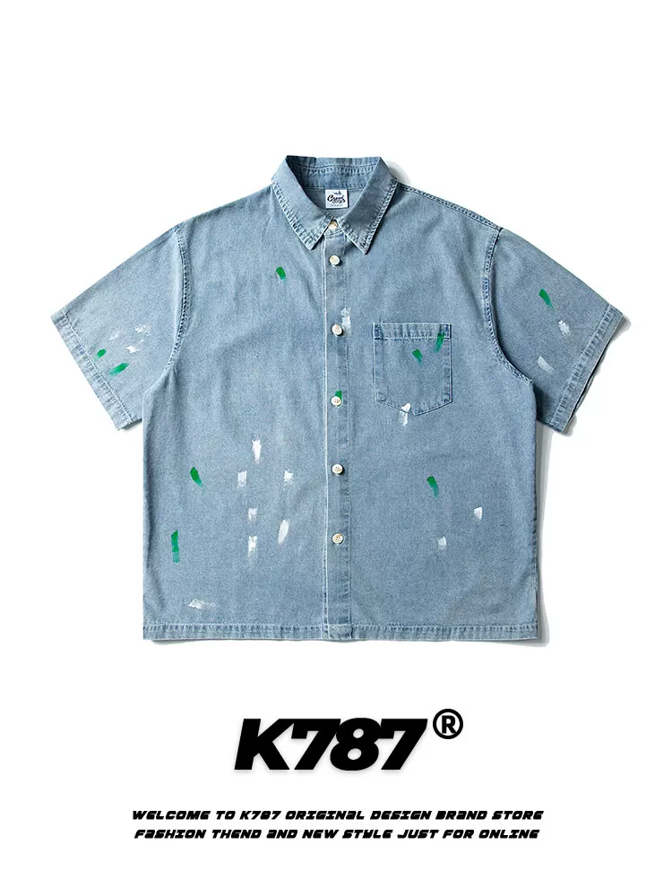 Áo sơ mi denim ngắn tay họa tiết graffiti retro Mỹ K787 dành cho nam và nữ, kiểu dáng vintage, chất liệu washed, form rộng, mặc đôi