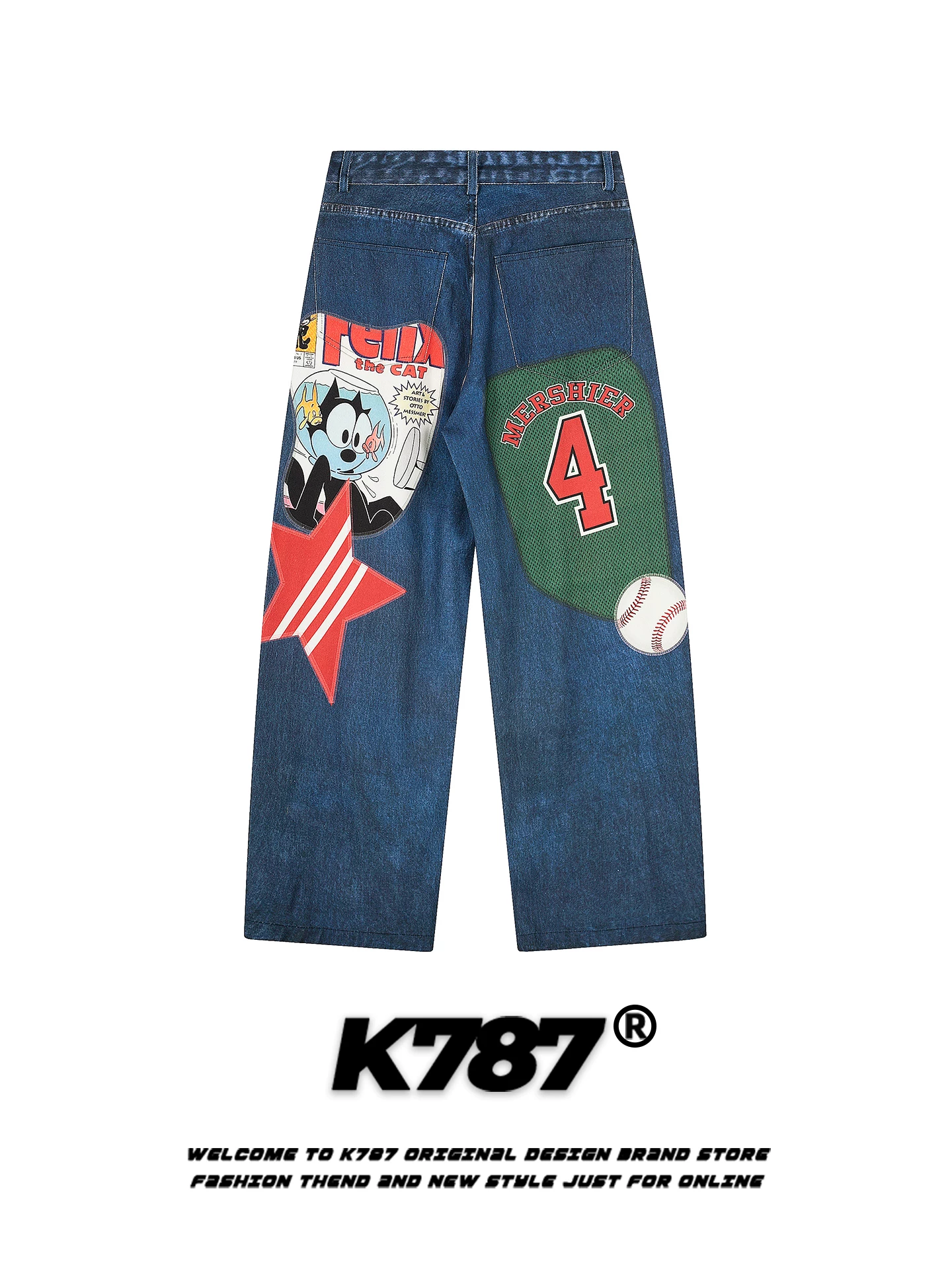 Quần jeans unisex cạp cao phong cách đường phố Mỹ K787, họa tiết chữ graffiti, chất liệu denim, kiểu dáng xu hướng, đa năng, rộng rãi, ống thẳng.