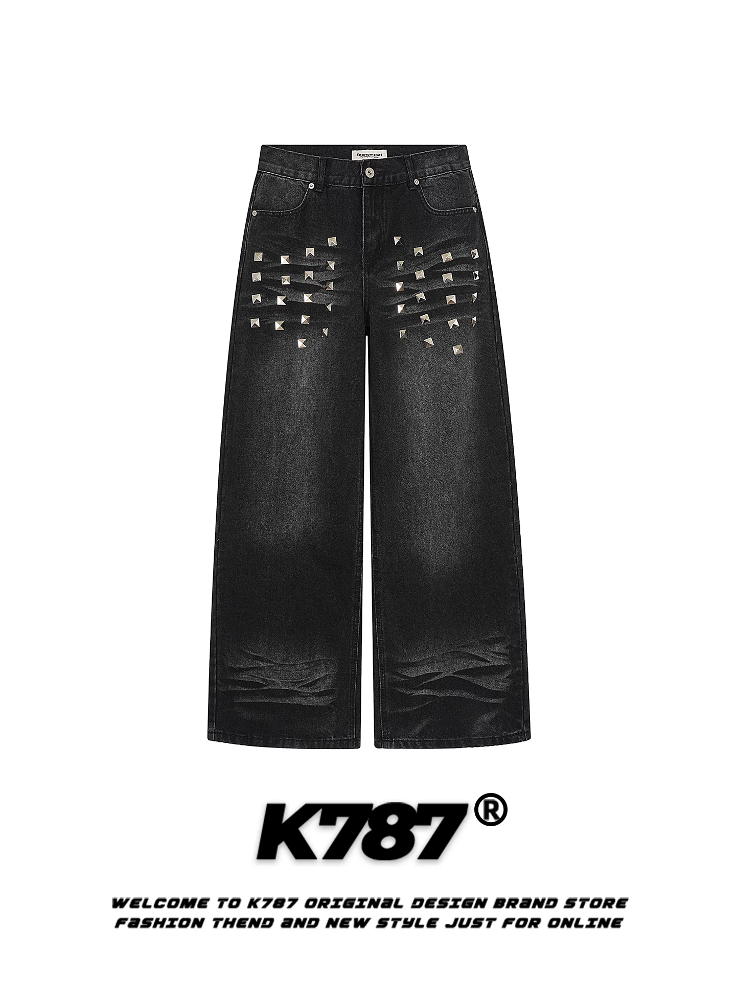 Quần jeans thiết kế đinh tán phong cách đường phố Mỹ K787 dành cho nam và nữ, quần ống rộng dáng suông, cạp cao, tôn dáng, dài chấm đất.