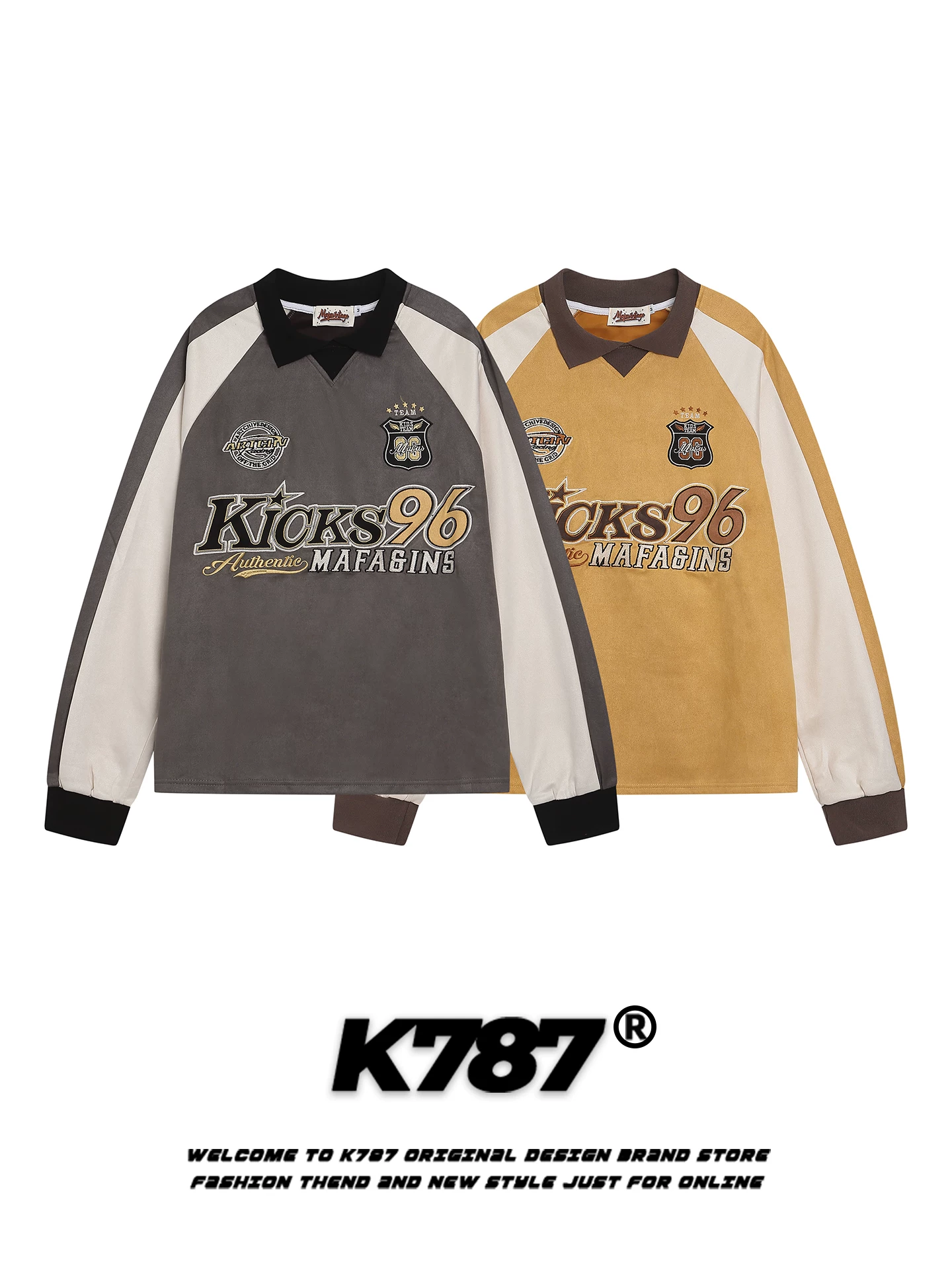 Áo thun nỉ cổ tròn phối màu thêu chữ kiểu Mỹ cổ điển K787, unisex, dáng rộng, phong cách hip-hop, thời trang, áo cặp đôi, kiểu POLO