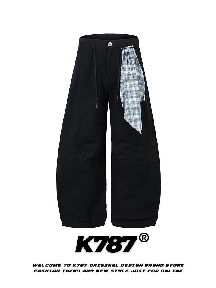 Quần âu kiểu đường phố retro Mỹ K787, phối dây, chất liệu kaki, unisex, dáng rộng, màu trơn, phong cách hip-hop, ống thẳng