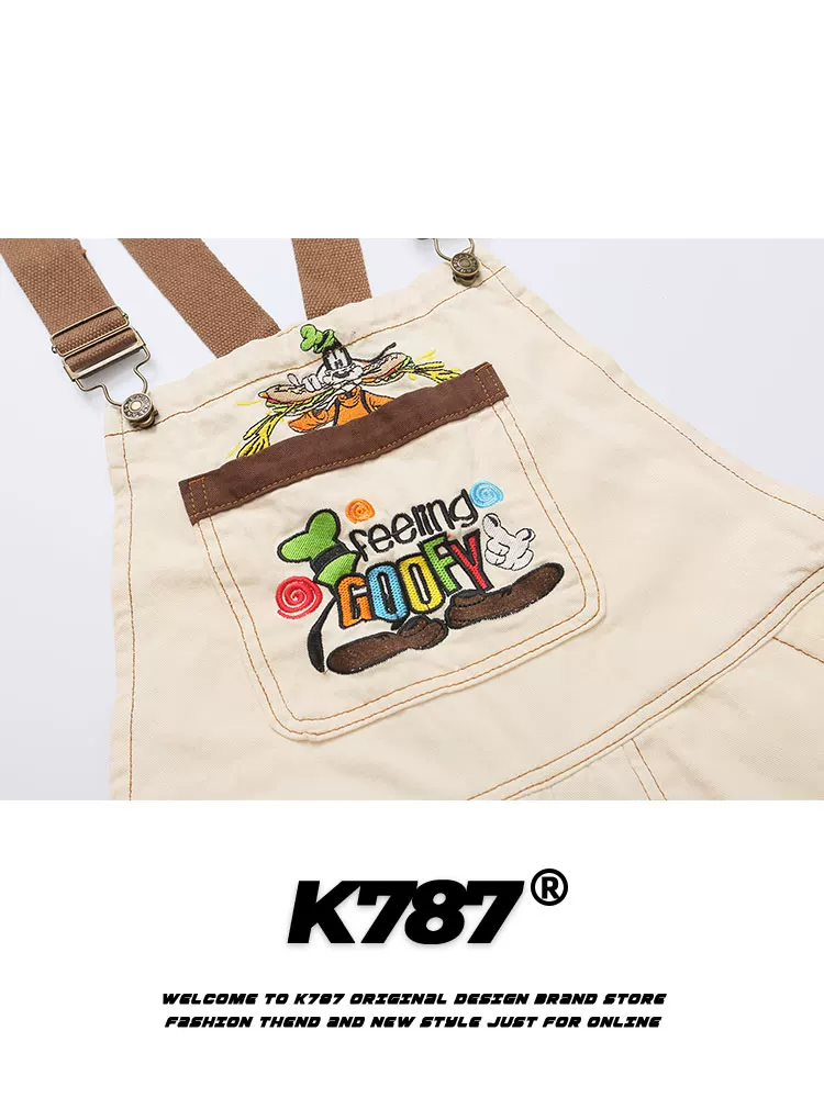 K787 Bộ áo liền quần vải canvas kiểu cổ điển của Mỹ có thêu hình chú chó unisex phong cách đại học quần yếm denim phối màu