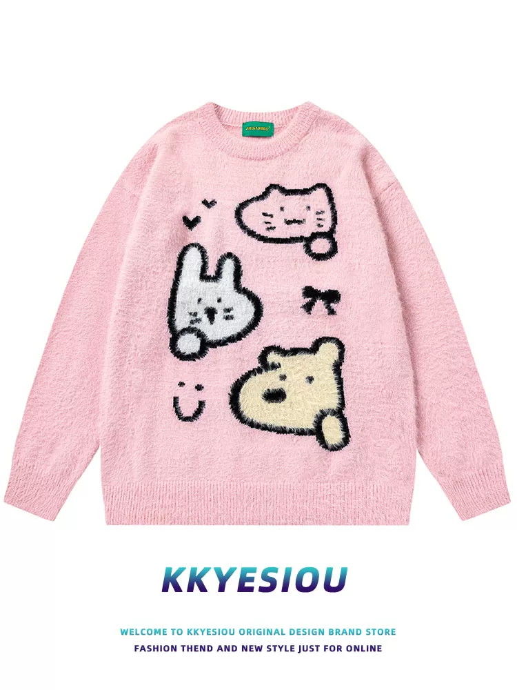 Áo len dệt kim màu hồng phong cách Nhật Bản KKyesiou, họa tiết mèo và chó hoạt hình, unisex, cổ điển, dành cho cặp đôi, phong cách thường ngày, áo len y2k