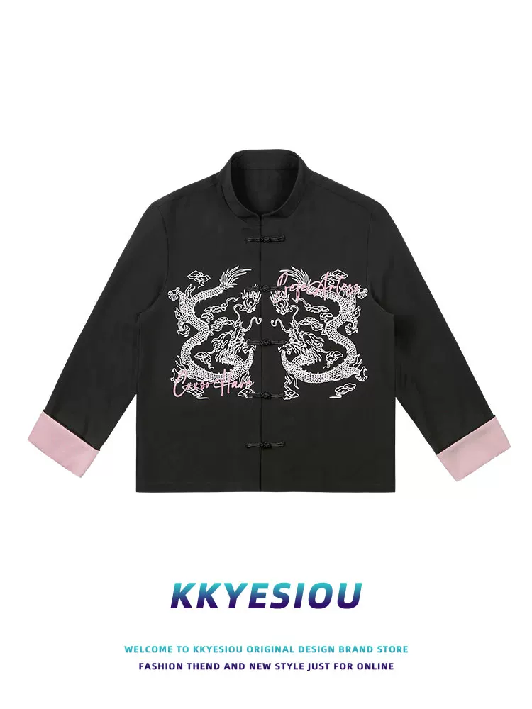 Áo khoác cổ đứng nghệ thuật hip-hop kiểu Trung Quốc KKyesiou dành cho nam và nữ, áo khoác sơ mi phối màu hồng và đen theo phong cách dân tộc