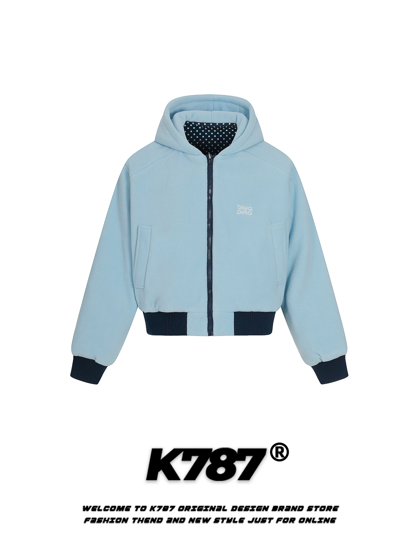 Áo khoác cotton có mũ trùm đầu, họa tiết chấm bi cổ điển kiểu Mỹ K787 dành cho nữ, lót lông cừu, ấm áp, dày dặn, áo khoác cotton ngắn có khóa kéo dành cho mùa đông.