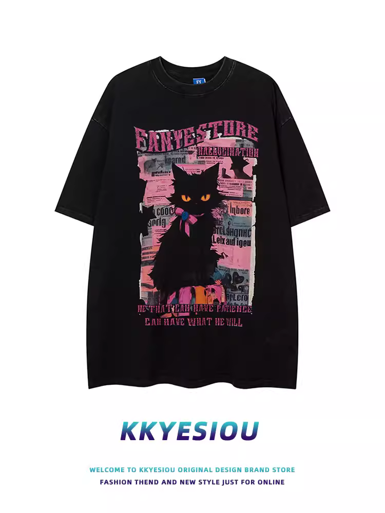 Áo thun ngắn tay thiết kế hip-hop mèo đen cổ điển của Mỹ KKyesiou dành cho nam và nữ áo oversize cặp đôi