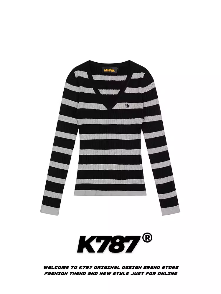 Áo len nữ K787 màu đỏ sọc kẻ, cổ V, tay dài, phong cách năng động, kiểu dáng ôm eo, áo ngắn