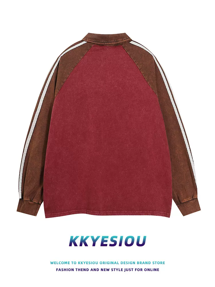 Áo thun polo in họa tiết cổ điển kiểu Mỹ KKyesiou, chất liệu vintage đã qua xử lý, dành cho nam và nữ, màu đỏ đô, cổ áo sơ mi.