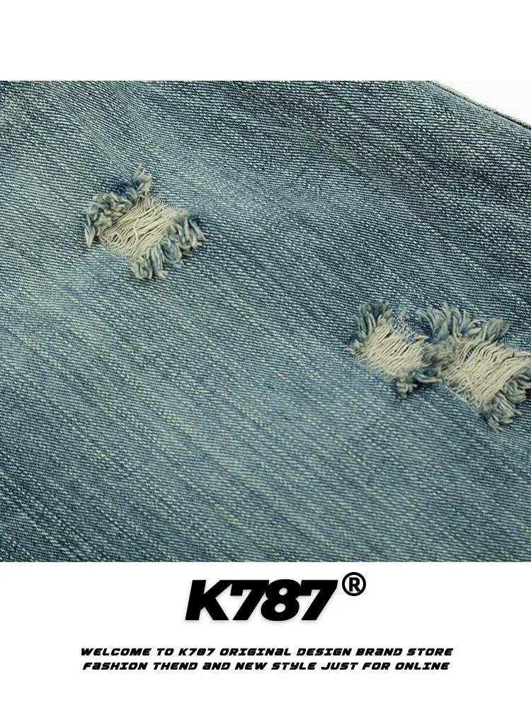 Quần jeans denim thêu hoa kiểu Mỹ K787, chất liệu denim xước, dáng rộng ống đứng, dài, dành cho nam và nữ