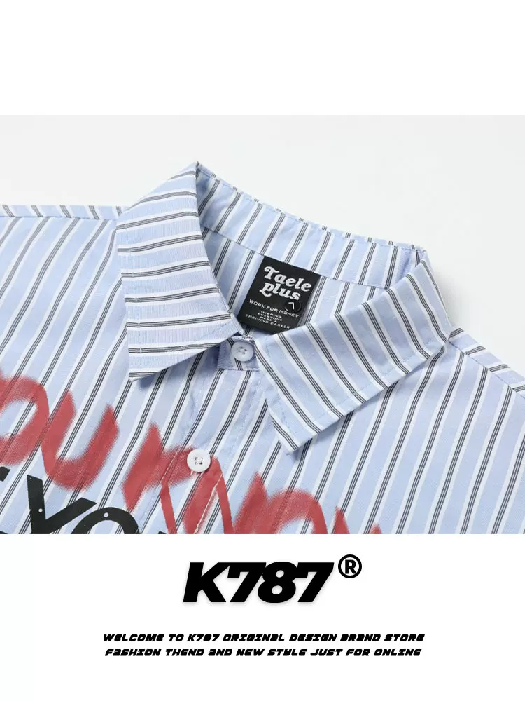 K787 Mỹ retro thư graffiti sọc dài tay áo sơ mi unisex hợp thời trang dáng rộng giản dị áo sơ mi cặp đôi áo khoác