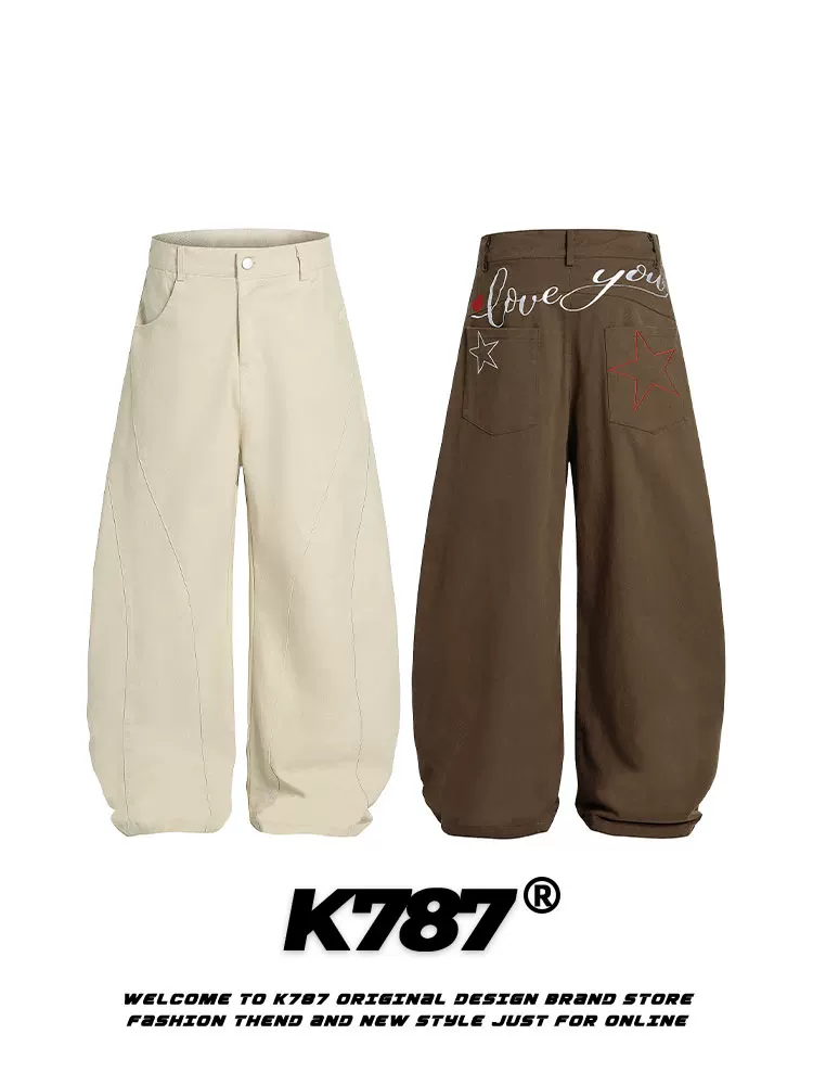 Quần âu thêu chữ kiểu Mỹ cổ điển K787, dáng rộng, cạp cao, dài chấm đất, unisex, chất liệu kaki, kiểu dáng thẳng, phong cách thường ngày